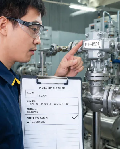 Application engineer checking transmitter tag