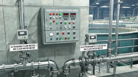 Water treatment flow meter and aeration control loop